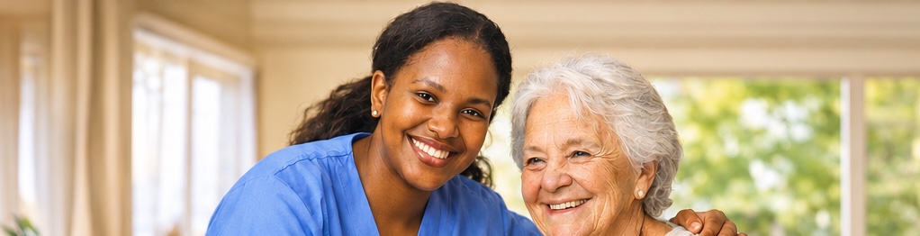 A smiling caregiver in blue scrubs embracing a smiling older client at home
